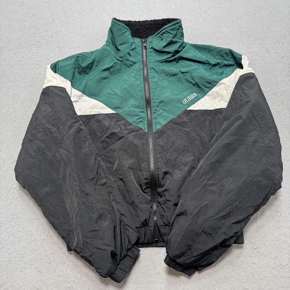 Guess Track Jacket Women's Small Green Black Colorblock Sherpa Lined Windbreaker